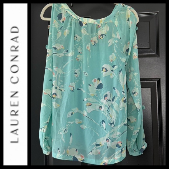 LC Lauren Conrad Women's Floral Bow Sleeve Blouse - Picture 2 of 5
